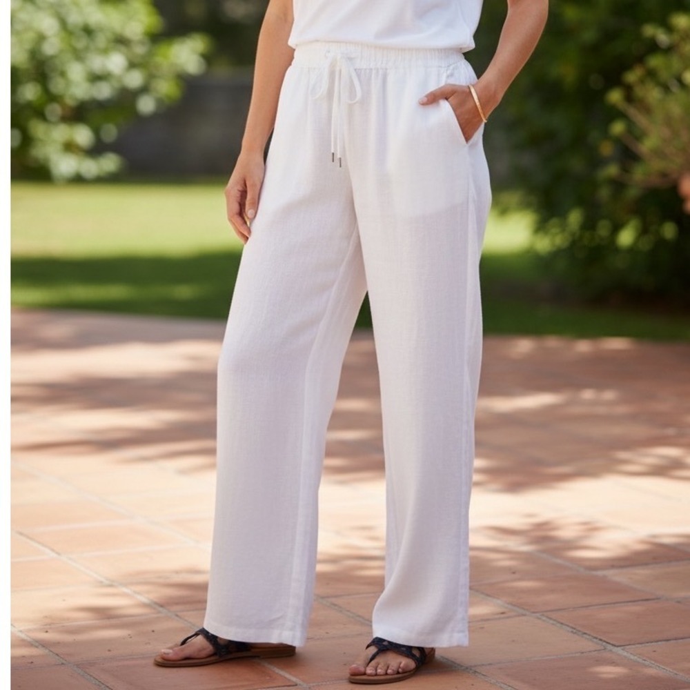 Tommy Bahama Womens White 100% Linen Drawstring Wide Leg Pants‎ Size Medium